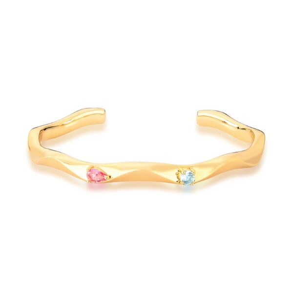 BRACELETE BANHADO A OURO CURVO COM ZIRCÔNIAS ROSA E ÁGUA MARINHA