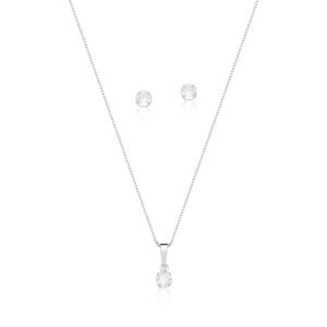CONJUNTO BRINCO E CORRENTE DE PRATA LISA COM PINGENTE REDONDO