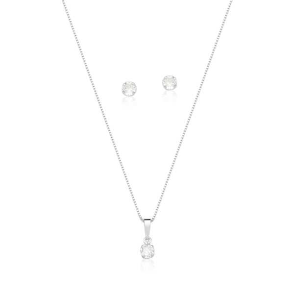 CONJUNTO BRINCO E CORRENTE DE PRATA LISA COM PINGENTE REDONDO