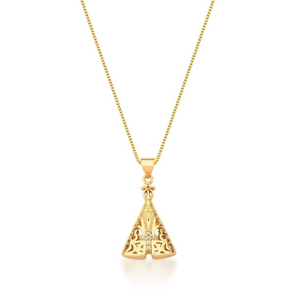 CORRENTE COM PINGENTE N SRA APARECIDA BANHADA A OURO E CRUZ CRAVEJADA COM ZIRCÔNIAS BRANCAS