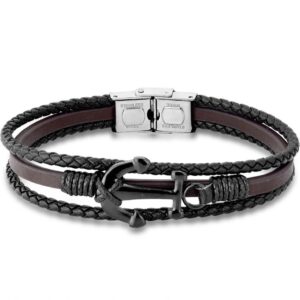 PULSEIRA EM COURO MASCULINA NÁUTICA COM ANCORA E FECHO EM AÇO INOX