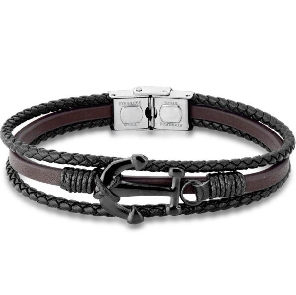 PULSEIRA EM COURO MASCULINA NÁUTICA COM ANCORA E FECHO EM AÇO INOX