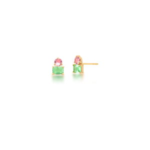 BRINCO CRISTAIS VERDE E ROSA BANHADO A OURO