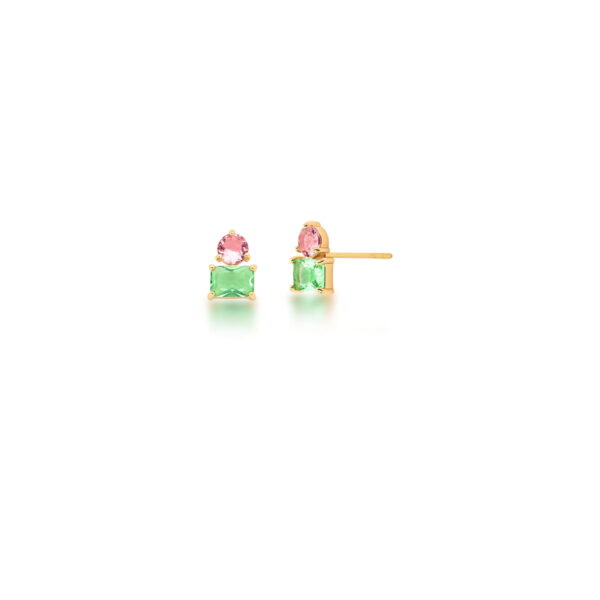 BRINCO CRISTAIS VERDE E ROSA BANHADO A OURO