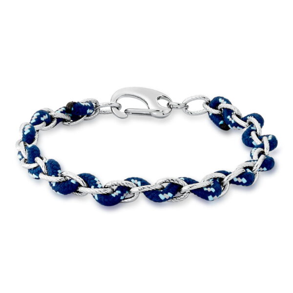 PULSEIRA ELOS OVAIS LISOS TRANÇADOS COM CORDÃO AZUL EM AÇO