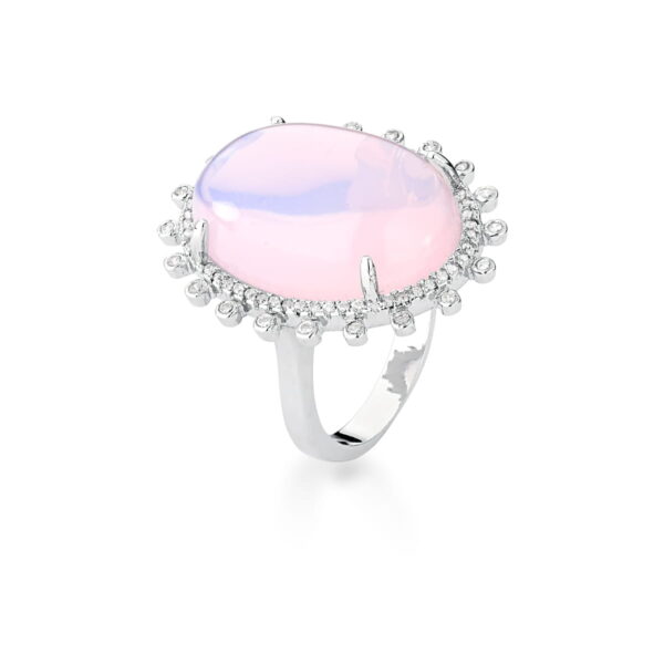 Anel com Cabochão Oval na Cor Rosa Cintilante Banhado a Ródio