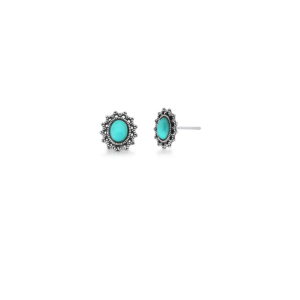 BRINCO OVAL COM PEDRA HOWLITA TURQUESA PRATA ENVELHECIDA