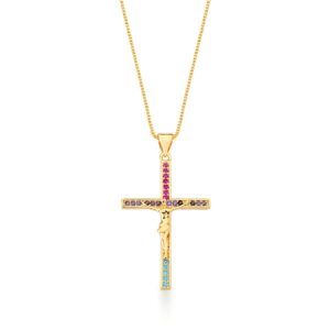 CORRENTE COM PINGENTE DE CRUCIFIXO COLORIDO BANHADA A OURO